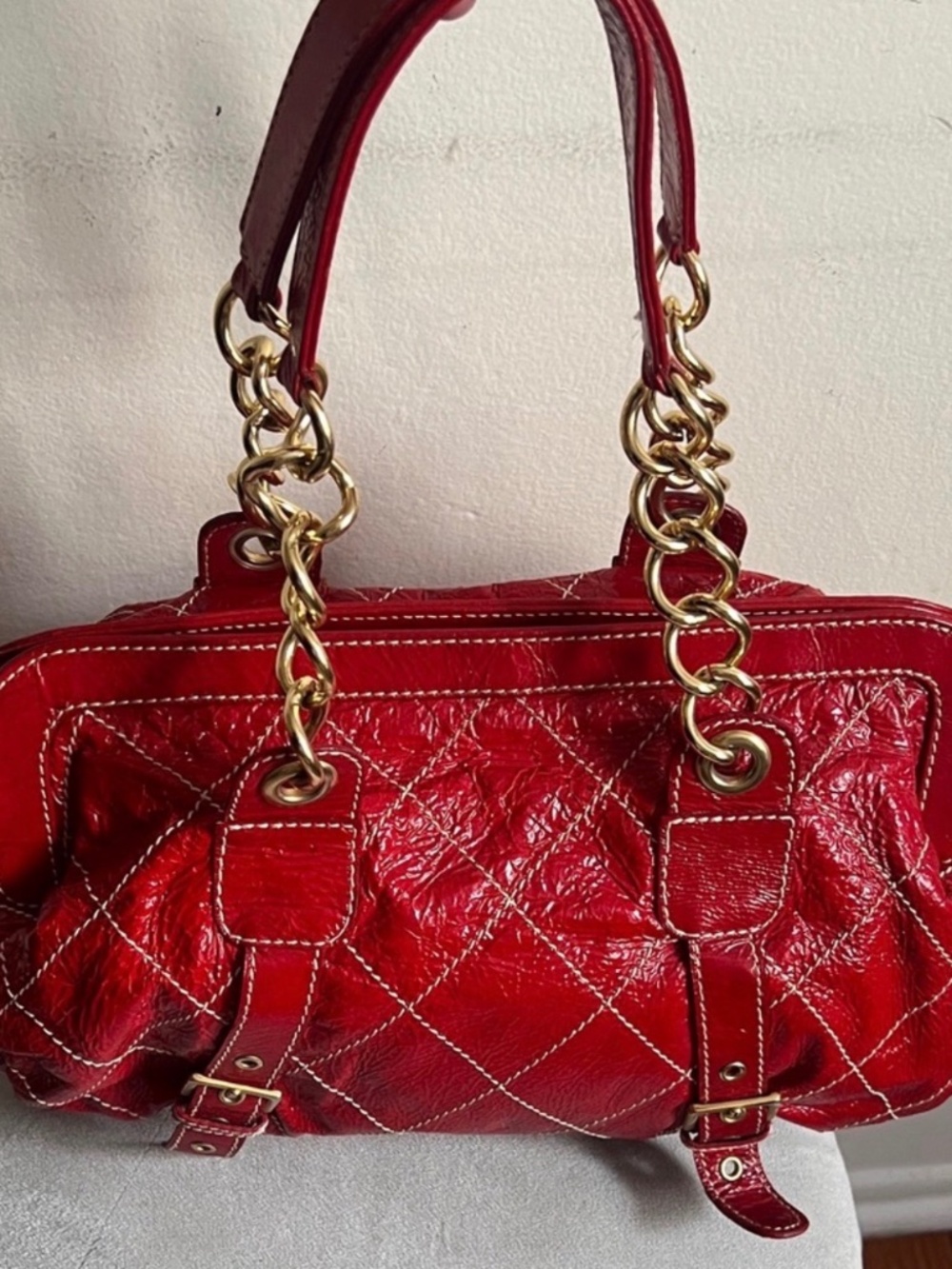 Red Quilted Shoulder Bag with Gold Chain Straps